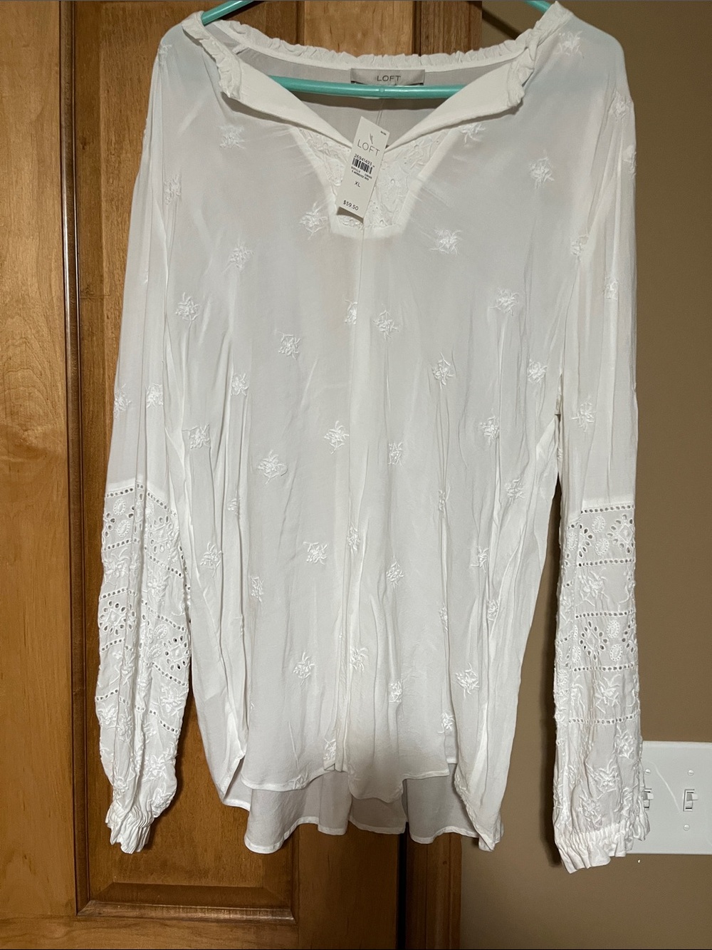 LOFT White Embroidered Lace-Inset Peasant Blouse